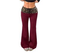 Women's Leopard Print Fold Over Yoga Pants, On Trend Color Blocked Wide Leg Loose Fit Lounge Pants with Ruched Waistband, Casual Palazzo Pants for Home, Relaxation and Daily Activities Red