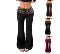 Women's Leopard Print Fold Over Yoga Pants, On Trend Color Blocked Wide Leg Loose Fit Lounge Pants with Ruched Waistband, Casual Palazzo Pants for Home, Relaxation and Daily Activities Black