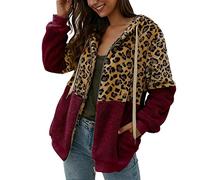 Womens Leopard Print Patchwork Drawstring Hooded Jacket Coat Fleece Zip Up Sweatshirt Wine Red