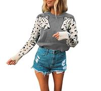 Womens Leopard Print Patchwork Pullover Sweaters Long Sleeve Knitted Casual Jumper Tops(UK 8/Tag S) Gray