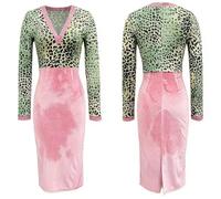 Women's Leopard Print Patchwork Velvet Bodycon Dress, Long Sleeve V-Neck Midi Cocktail Dresses with Back Zipper for Party Club (UK, Alpha, M, Regular, Regular) Pink
