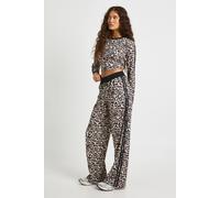Womens Leopard Print Piping Detail Crop Top And Trouser Set - Black - Xs, Black