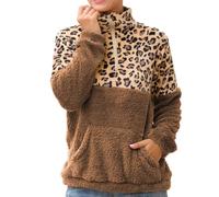 Women's Leopard Print Polo Collar Sweatshirt, Soft Plush Warm Half Zip Top with Pocket Relaxed Fit for City Commuting and Casual Outings Khaki