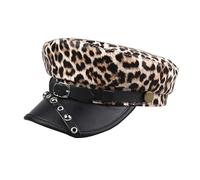 Women's Leopard Print PU Leather Flat Cap Vintage Newsboy Trendy Cute Dress Sun Hat with Rivet Ivy Cabbie Hat