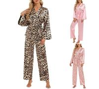 Womens Leopard Print Pyjamas Set Womens Kimono Pyjamas Softable Japanese Sleepwear Loose Fit Breathable Nightwear Classic Bedroom Loungewear Adjustable Waist Tops With Wide Leg Pants