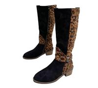 Women's Leopard Print Riding Boots,Casual Knee High Boots Wide Calf for Fall Winter, Trendy Low Heel Shoes for Daily Wear (Black,8)
