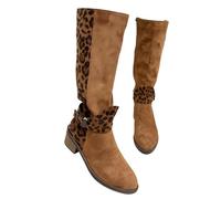 Women's Leopard Print Riding Boots,Casual Knee High Boots Wide Calf for Fall Winter, Trendy Low Heel Shoes for Daily Wear (Brown,6)