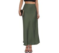 Women's Leopard Print Satin Maxi Skirt High Waisted Elastic Waistband Silk A-Line Casual Party 2025 Summer Long Skirts, Olive, L