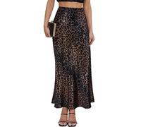 Women's Leopard Print Satin Maxi Skirt High Waisted Elastic Waistband Silk A-Line Casual Party 2025 Summer Long Skirts, Leopard Brown 02, S