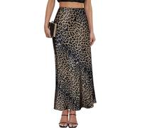 Women's Leopard Print Satin Maxi Skirt High Waisted Elastic Waistband Silk A-Line Casual Party 2025 Summer Long Skirts, Leopard Brown, M