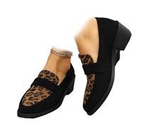 Women's Leopard-Print Suede Block-Heel Loafers Leopard Print Loafers Chunky Shoes for Women Platform Slip On Casual Office Business Shoes (1PCS/A,6.5)