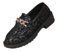 Women's Leopard Print Suede Loafers, Casual Thick Soled Non Slip Loafers with Chain Fall Classic Round Toe Slip on Shoes (4,Black)