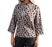 Women's Leopard Print Sweater Vintage Mock Neck 3/4 Bell Sleeve Loose Pullover Knit Top(Grey,S)