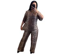 Womens Leopard Print Top And Elasticated Trouser 2 Pcs Loungewear Set Ladies Printed Short Sleeve TShirt With Flared Legging Outfit Tracksuit