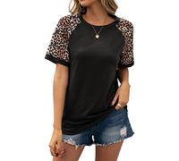 Women's Leopard Print Tops Short Sleeve Crew Neck T Shirt Basic Casual Shirt T Shirts for Women Crew Neck Basic Tops Leopard Print Short Sleeve Casual Summer Loose Tee Fashion Tunic Top Shirt A-Black