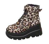 Womens Leopard Print Wedge Platform Lace Up Ankle Boots Non Slip Sole Mid Heel Faux Suede Boots Women Mary Jane Shoes Dress Party Boots Thick Sole Wear Resistant Outdoor Winter Waterproof Boots