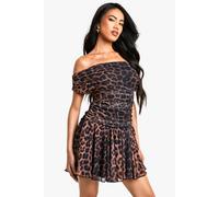 Womens Leopard Printed Mesh Ruched Pleated Hem Mini Dress - Black - 12, Black