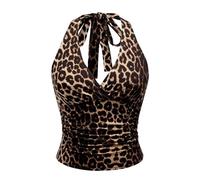 Women's Leopard Ruched Crop Halter Tops V Neck Tie Backless Grunge Punk Y2K Tops