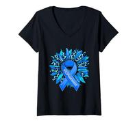 Womens Leopard Sunflower Blue Ribbon Amyotrophic Lateral Sclerosis V-Neck T-Shirt