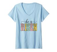Women's Leopard Western He is Risen Easter Christian Jesus Text V-Neck T-Shirt
