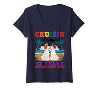Women's Lesbian 12th Anniversary Cruising Through 12 Years Marriage V-Neck T-Shirt