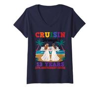 Women's Lesbian 13th Anniversary Cruising Through 13 Years Marriage V-Neck T-Shirt