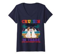 Women's Lesbian 16th Anniversary Cruising Through 16 Years Marriage V-Neck T-Shirt