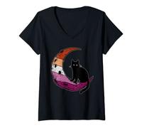 Womens Lesbian Moon Space Cat Pride Flag, LGBT Subtle Gay Sapphic V-Neck T-Shirt