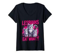 Womens Lesbians Eat What?! Cat Lover Funny Pride Cute LGBTQ Humor V-Neck T-Shirt