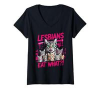 Womens Lesbians Eat What?! Cat Lover Funny Pride Cute LGBTQ Humor V-Neck T-Shirt