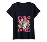 Womens Lesbians Eat What?! Cat Lover Funny Pride Cute LGBTQ Humor V-Neck T-Shirt