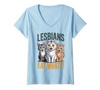 Womens Lesbians Eat What Funny LGBTQ Pun Gay Pride Adult Humor Cat V-Neck T-Shirt