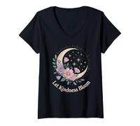 Womens Let Kindness Bloom Floral Crescent Moon Celestial Stars Art V-Neck T-Shirt