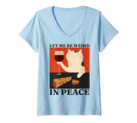 Women's Let Me Be Weird in Peace Funny Cat Drinking Wine Introvert V-Neck T-Shirt