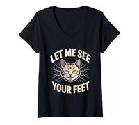 Womens Let Me See Your Feet Cat Meme Y2K Bootleg V-Neck T-Shirt
