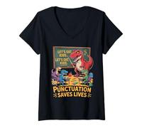 Womens Let’s Eat Kids Funny Grammar Teacher Student School Dinosaur V-Neck T-Shirt