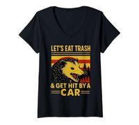 Womens Let’s Eat Trash Get Hit by a Car Funny Possum Vintage Retro V-Neck T-Shirt