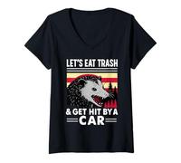 Womens Let’s Eat Trash Get Hit by a Car Funny Possum Vintage Retro V-Neck T-Shirt