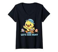Women's Let’s Egg Hunt Kawaii Easter Chick Cute Spring Cartoon Kids V-Neck T-Shirt
