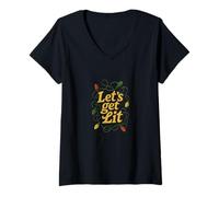Womens Let’s Get Lit Funny Christmas Party Holiday Lights Design V-Neck T-Shirt