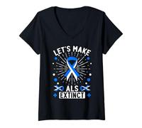 Womens Let’s Make ALS Extinct Dinosaur Awareness V-Neck T-Shirt