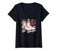 Women's Let’s Roll Flower Skate Retro Roller Vibes Colorful Skating V-Neck T-Shirt