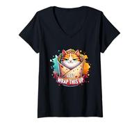 Womens Let’s Wrap This Up, Funny Cat Burrito Wrap V-Neck T-Shirt