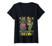 Women's Let The 67 Shenanigans Begin Funny 6 7 Six Seven Mardi Gras V-Neck T-Shirt