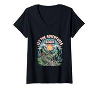 Womens Let the Adventures Begin - Mountain Road Trip Vintage Tee V-Neck T-Shirt