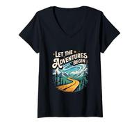Womens Let the Adventures Begin - Road Trip Mountain Art V-Neck T-Shirt