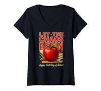 Women's Let The Chaos Begin Happy First Day of School V-Neck T-Shirt