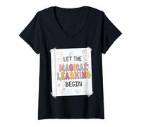 Womens Let The Magical Learning Begin Back to School Groovy Teacher V-Neck T-Shirt
