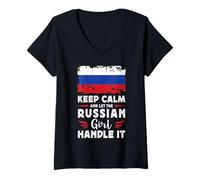 Womens Let The Russian Girl Handle it Russia Flag V-Neck T-Shirt