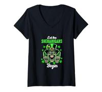 Women's Let The Shenanigan Begin Patrick's Day Skull Rock Hands V-Neck T-Shirt